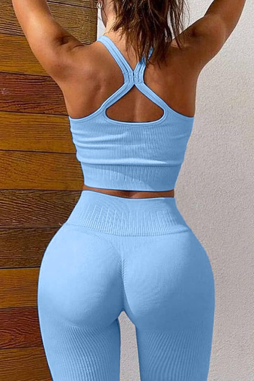 Women Workout 2 Piece Outfits Ribbed High Waist Legging Gym Yoga Bodycon Sports Crop Tops Sets Blue L