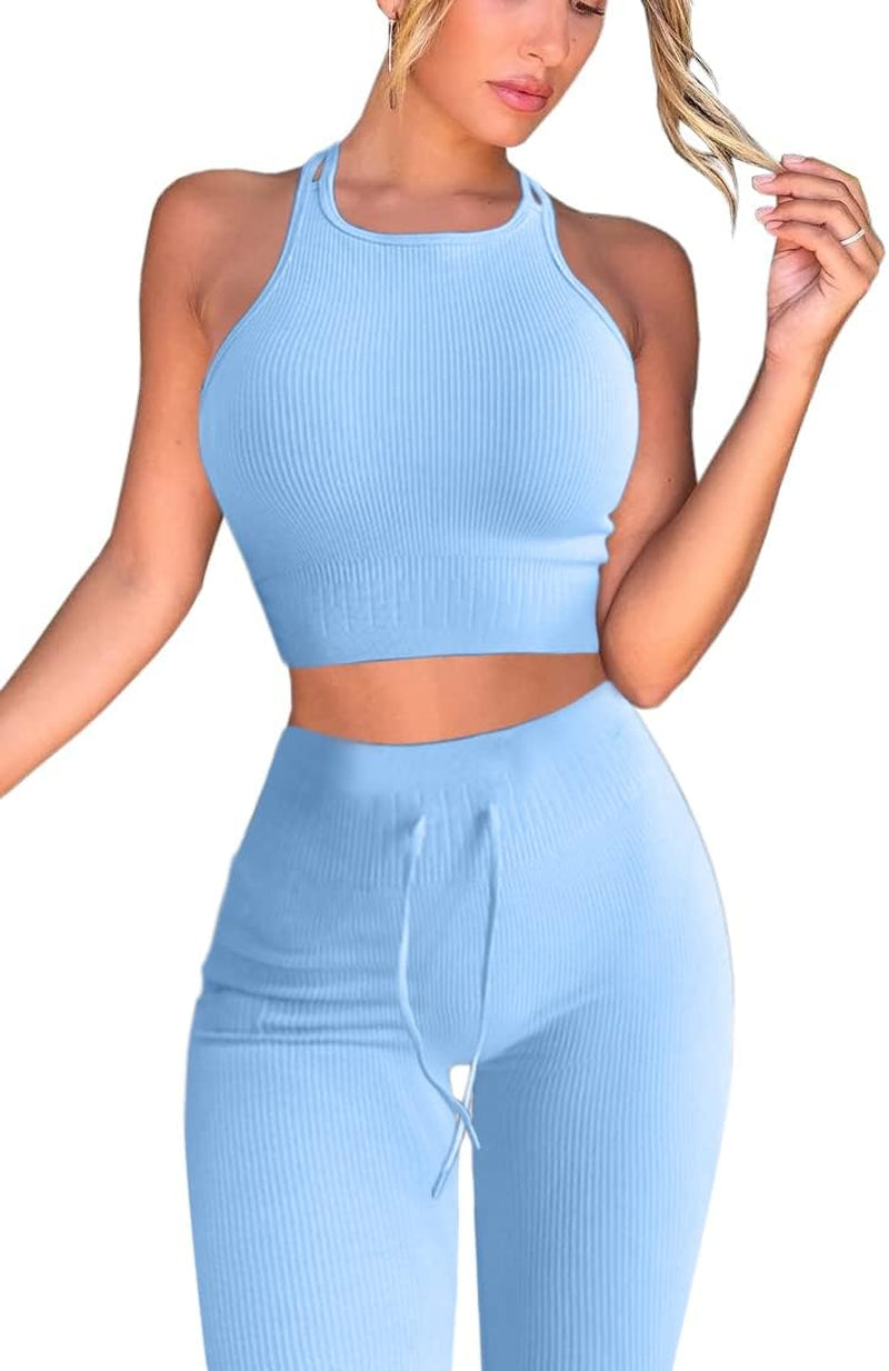 Women Workout 2 Piece Outfits Ribbed High Waist Legging Gym Yoga Bodycon Sports Crop Tops Sets Blue L