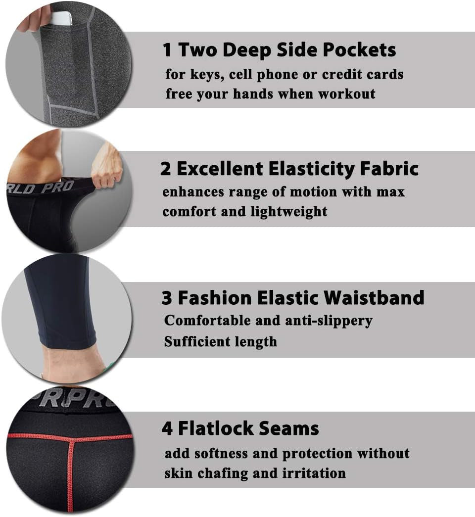 Men'S 1~3 Pack Compression Pants Pockets Cool Dry Gym Leggings Baselayer Running Tights