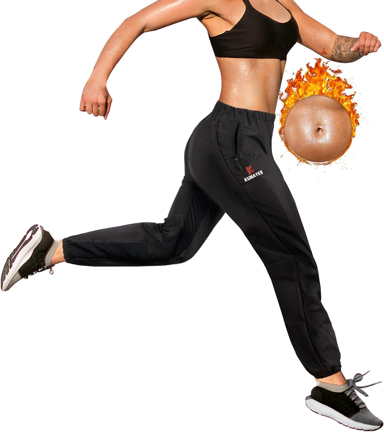 Sauna Pants for Women High Waist Neoprene-Free Hot Thermo Sweat Workout Fitness Training Exercise Pants Body Shaper (Black, Medium)