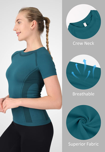 Workout Shirts for Women Short Sleeve, Workout Tops for Women, Quick Dry Gym Athletic Tops，Seamless Yoga Shirts