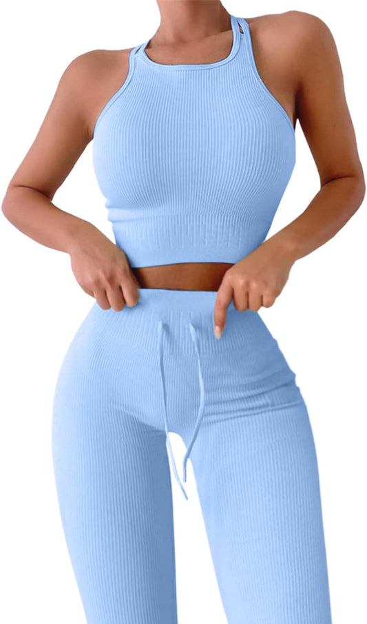 Women Workout 2 Piece Outfits Ribbed High Waist Legging Gym Yoga Bodycon Sports Crop Tops Sets Blue L