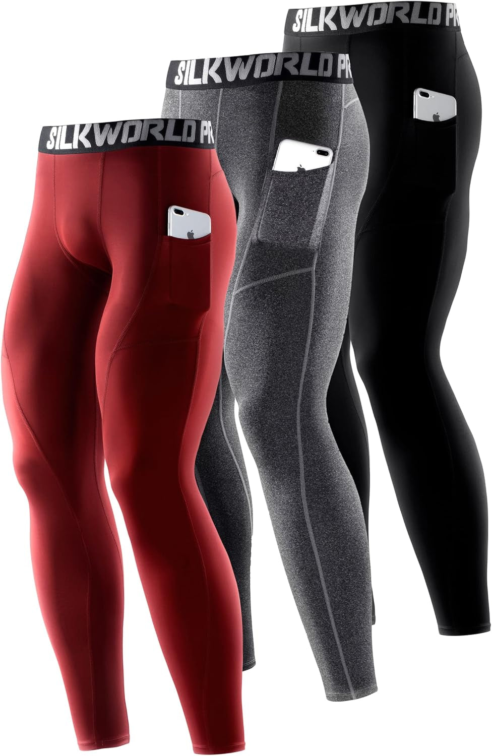 Men'S 1~3 Pack Compression Pants Pockets Cool Dry Gym Leggings Baselayer Running Tights