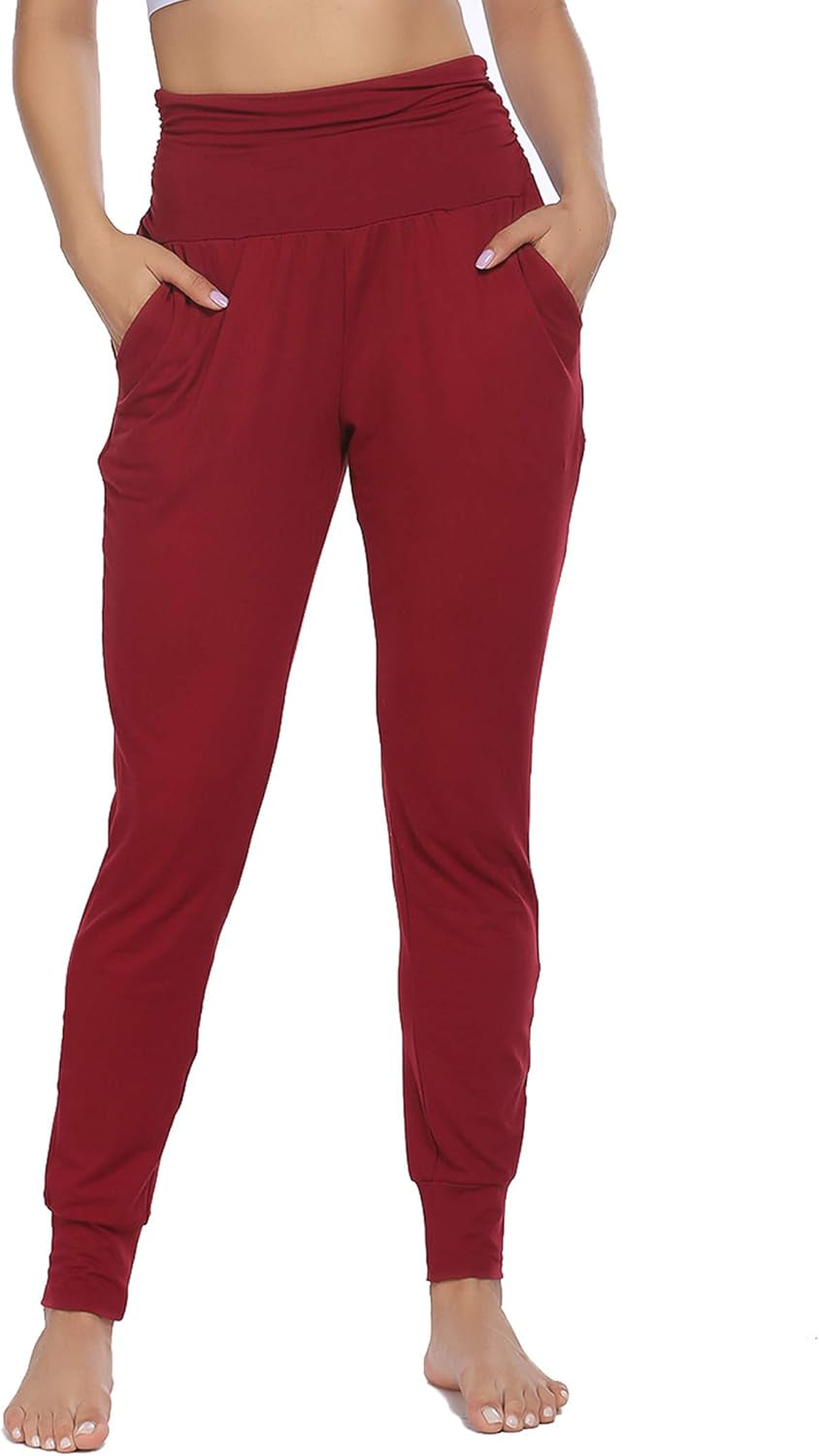 Womens Yoga Sweatpants Loose High Waist Workout Joggers Pants Comfort Lounge Pants with Pockets(Wine Red,S)