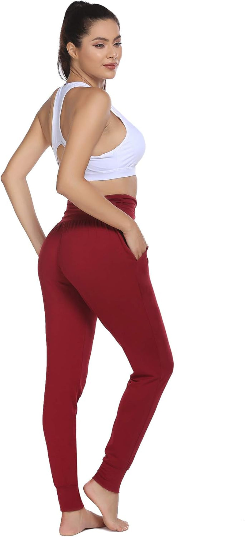 Womens Yoga Sweatpants Loose High Waist Workout Joggers Pants Comfort Lounge Pants with Pockets(Wine Red,S)